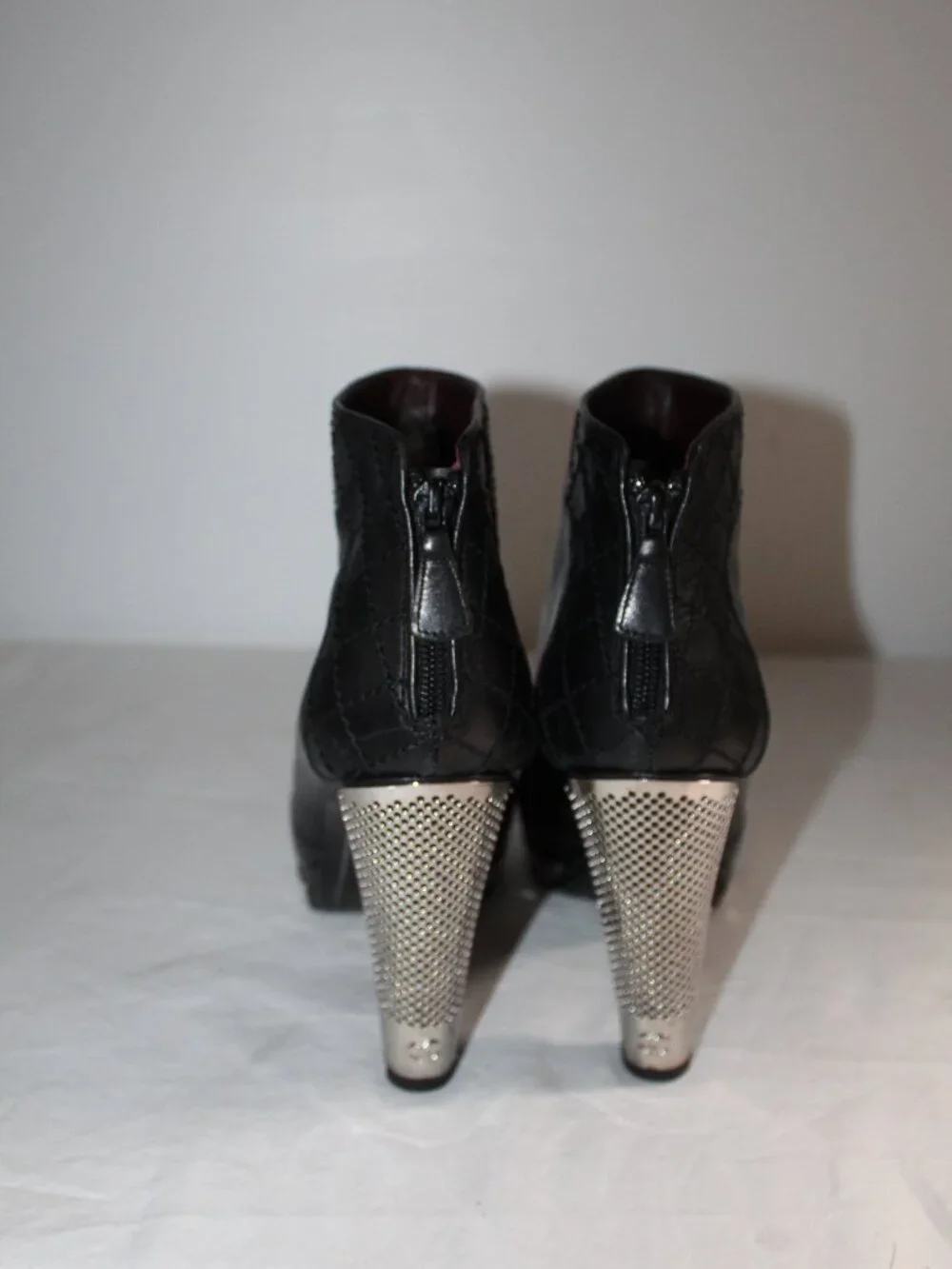 Chanel CC Logo Black Leather Metal Grille Platform Heeled Booties Pumps Boots 41